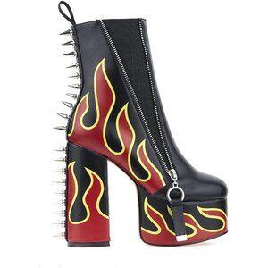 Women Black Faux leather Flames Totem Metal Zipper High Heels Rivets Ankle Boot